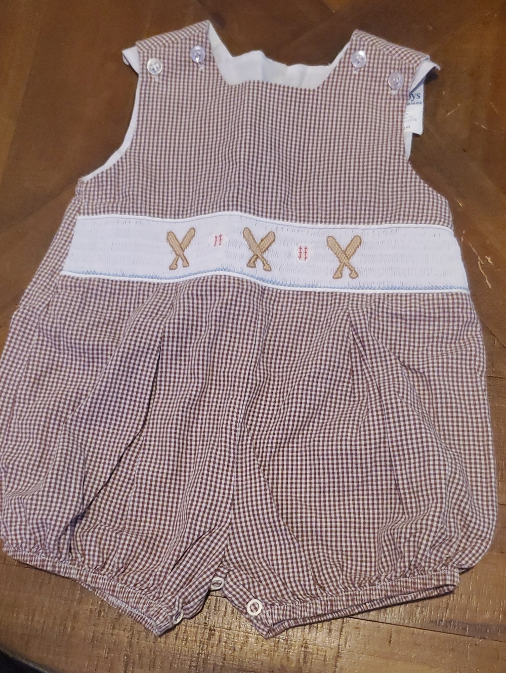 Smocked Brown Gingham Baby Romper with Embroidered Detail